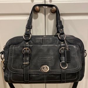 Coach black leather shoulder double handed satchel handbag F14017